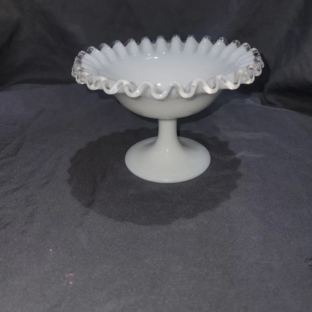 Vintage Fenton Silver Crest Ruffled Compote Milk Glass Pedestal Candy Dish